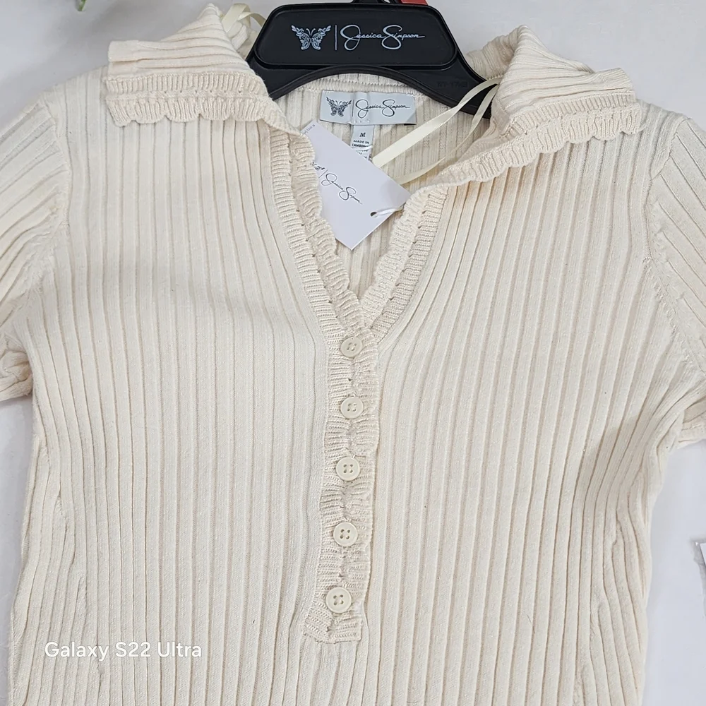 Cream Ribbed Button-Front Long Sleeve Top - Picture 2 of 7